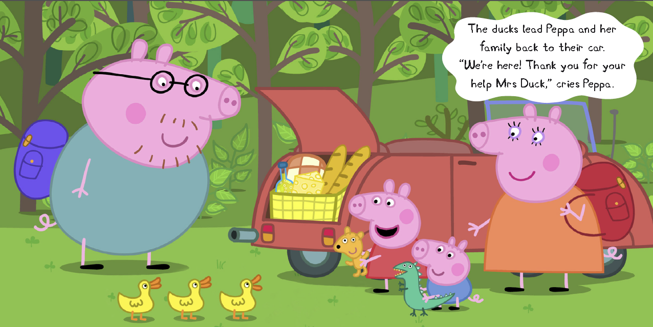 the ducks lead peppa and herfamily back to their car.