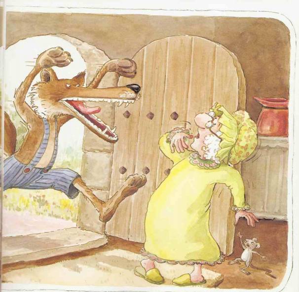 奶奶问,你是谁呀? 狼说我是小红帽,我带了一些面包和果酱给你.